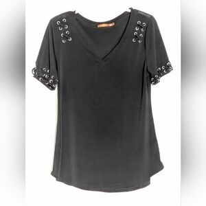 Belldini Women's (Small) Black V-Neck Short Sleeve Top w/Laced Through Grommets